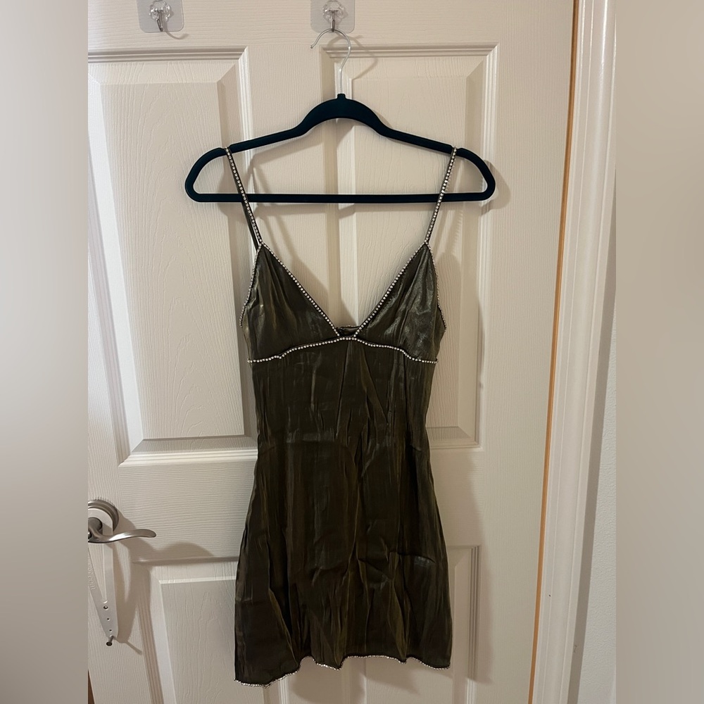 Olive Green Satin Slip Dress with beaded Straps